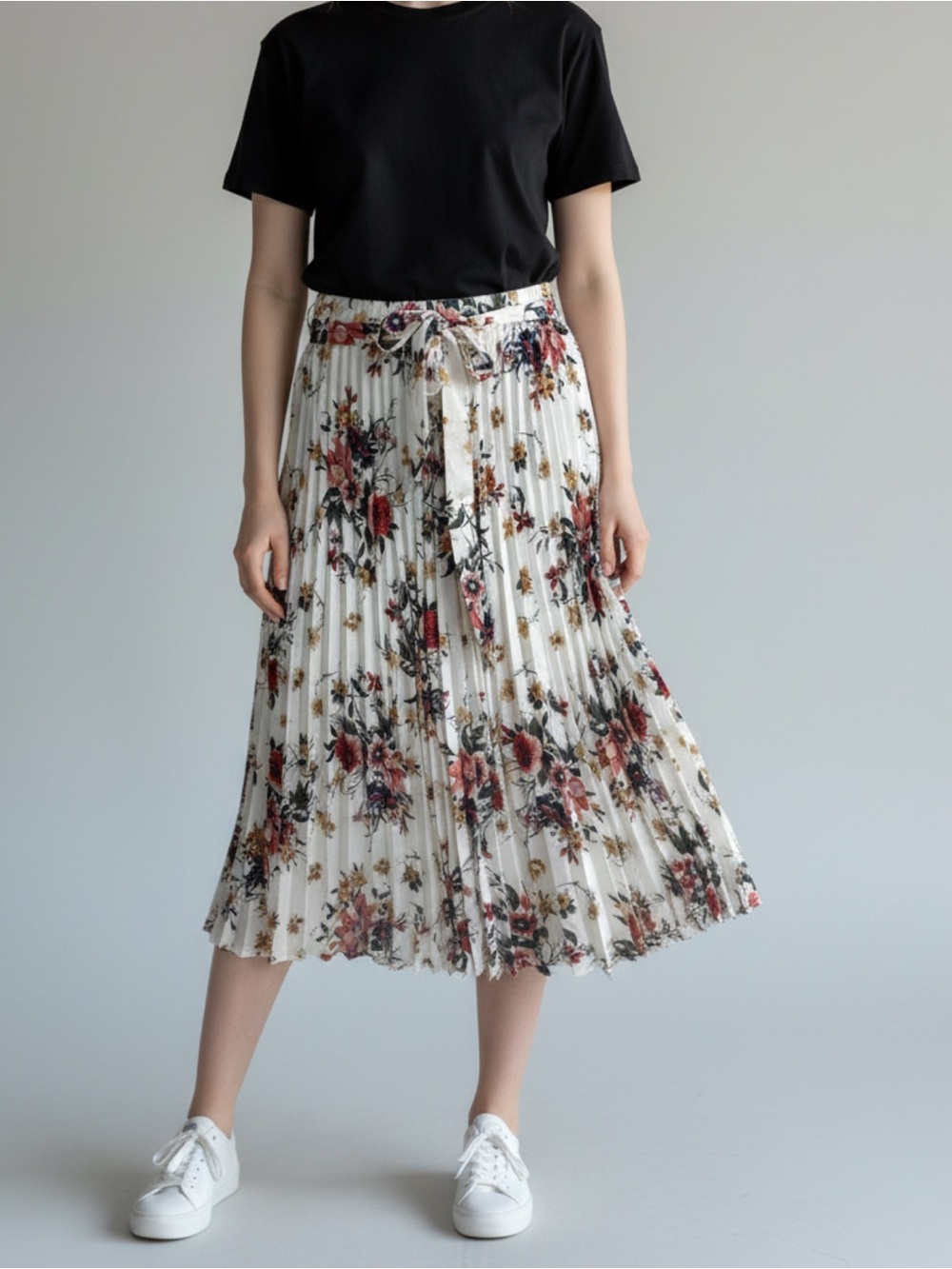 SHEIN White Pleated Midi Skirt with Pink, Red and Navy Floral Print